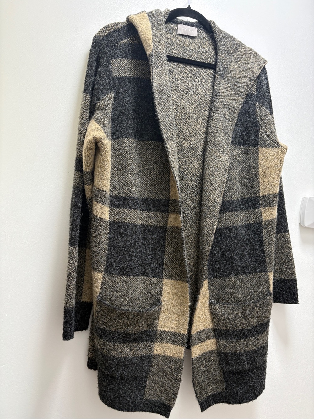 Cyrus Cozy Hooded Plaid Open-Front Coatigan - Black & Cream - Minimalist